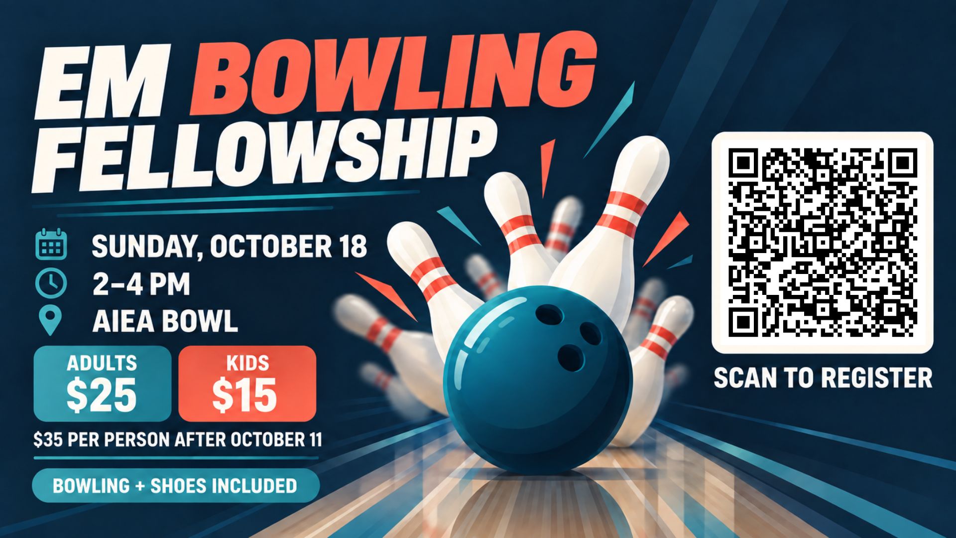 EM Bowling Fellowship event details and registration QR code