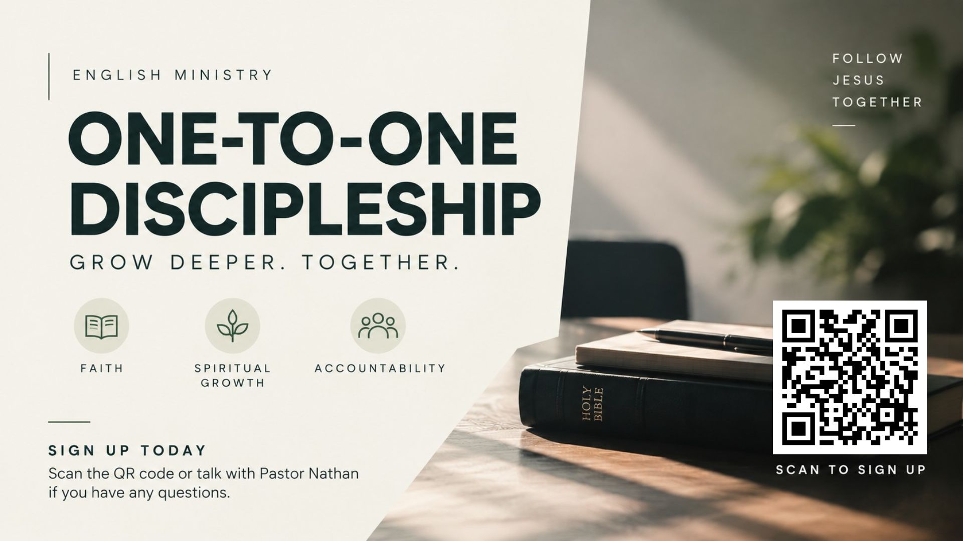 One-to-One Discipleship signup details and QR code